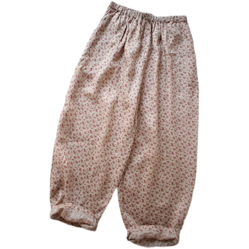 

Women's Floral Print Linen Pants Elastic Waist Loose Casual 9/10 Length Summer Harem Trousers