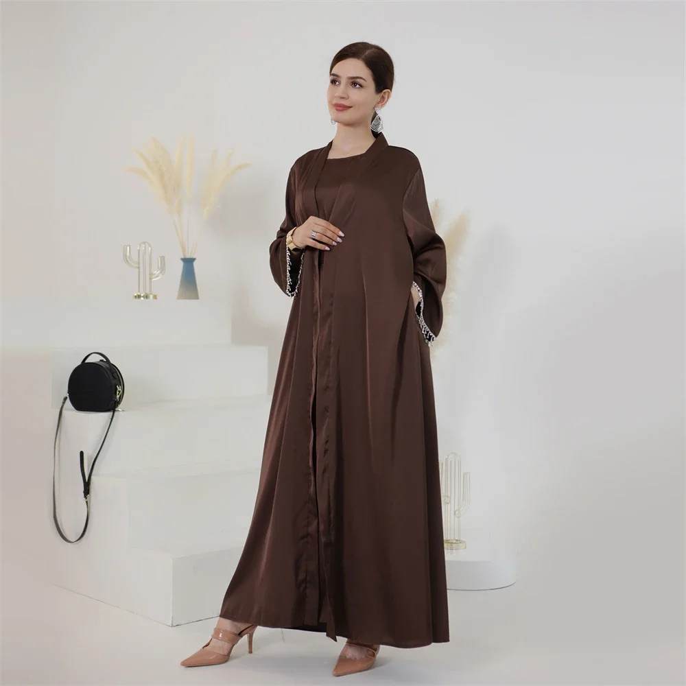 Dubai Open Abaya Muslim Women Beading Kimono Maxi Dress Set 2-częściowy Turkey Eid Party Gown Islamic Ramadan Jalabiya Caftan Arabic