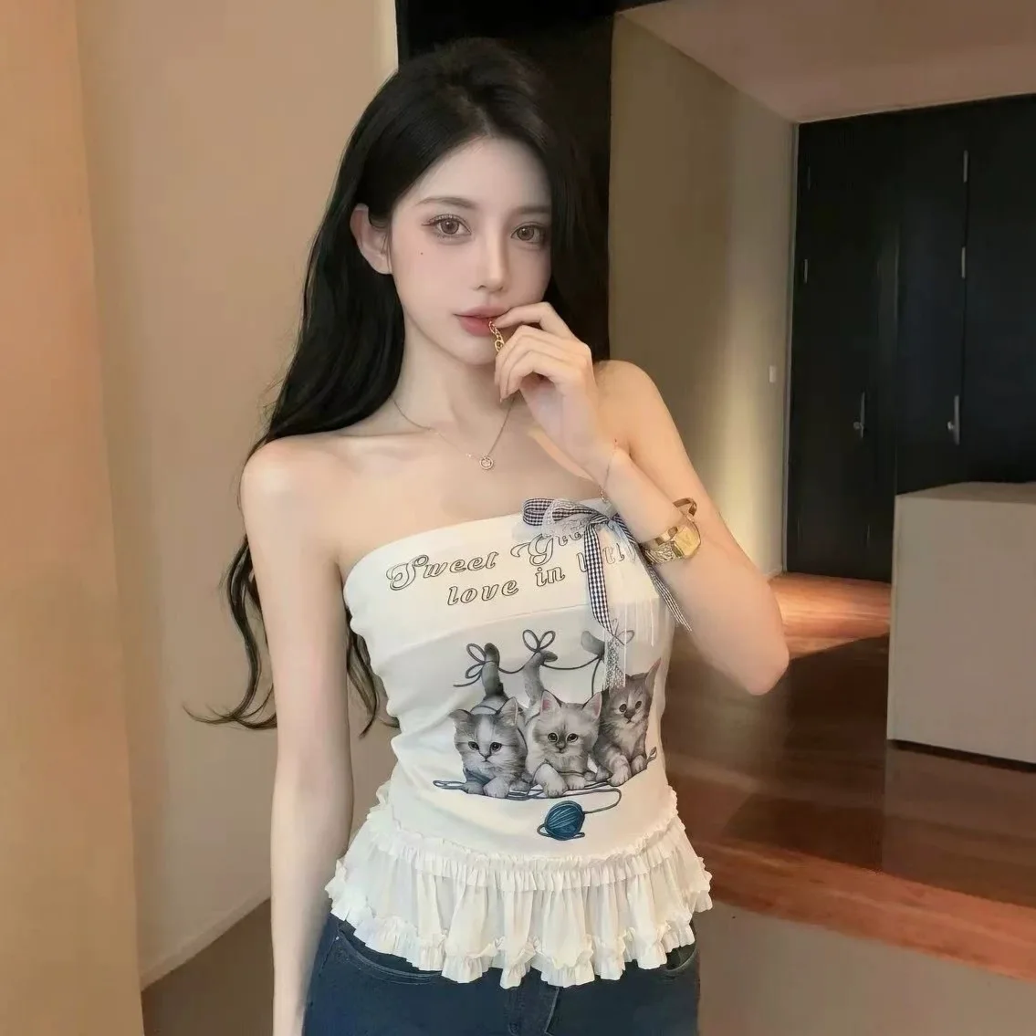 New 5651 Print American Sweetheart Spicy Girl Vest Top with Chest Pad Knitted Comfortable Thickened Cute Style Women's Cr...