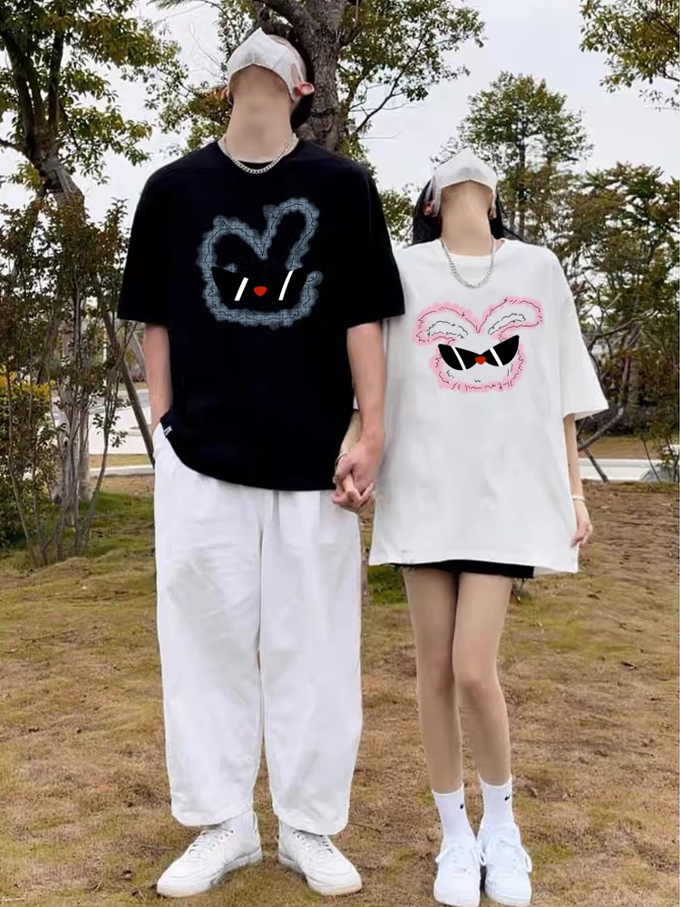 Sunglasses Rabbit Pattern Couple T-shirt 2024 New Summer Super Fire Pure Cotton High-quality Short Sleeves