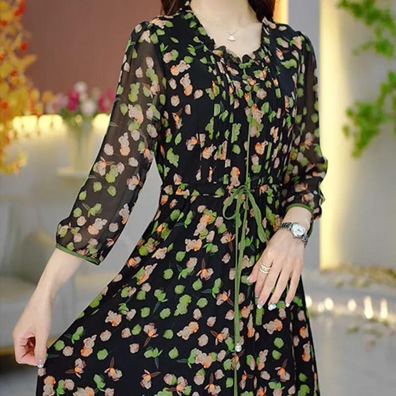 Vintage Broken Flowers Midi Dress Printed Female Clothing Round Neck Spring Summer 3/4 Sleeve Fashion A-Line Drawstring Dresses