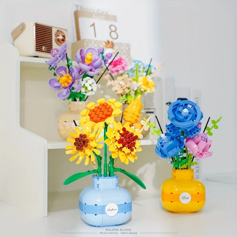 

Building Blocks Vase Flowers Roses Sunflowers Violets Building Blocks Flower Toys For Kids Desktop Display Girls Holiday Gifts