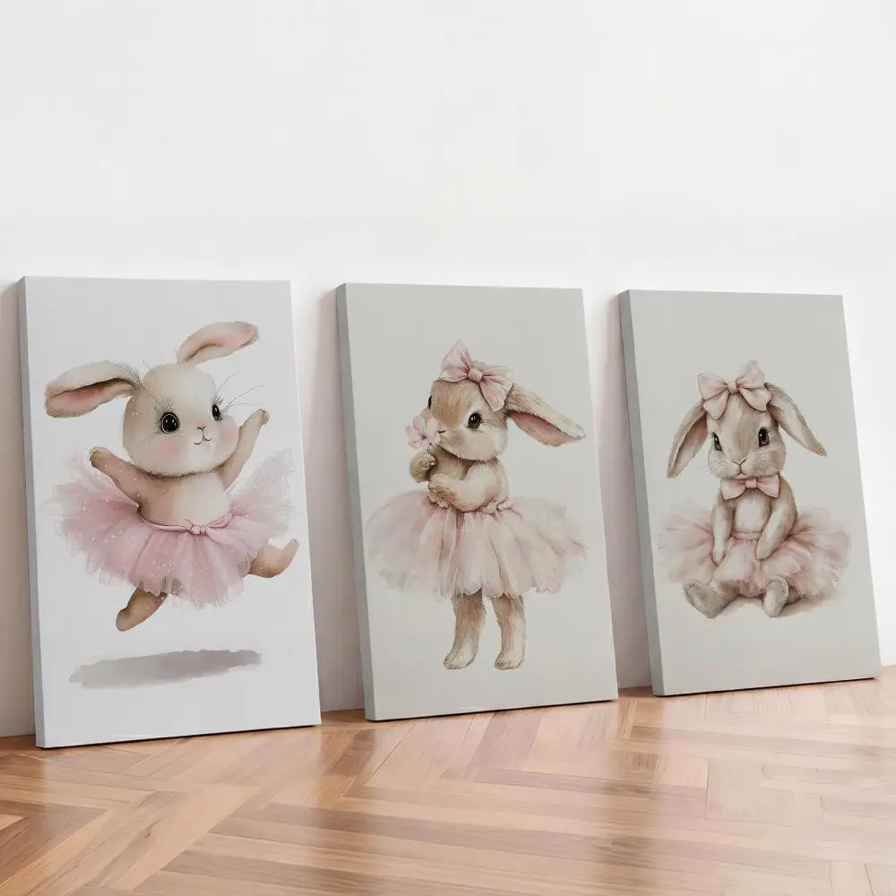 Linda pintura de un conejito bailarín, con motivos de ballet y animales, para decorar el interior de un álbum, la portada de un libro, o como elemento decorativo para una cafetería, un bar o una habitación.