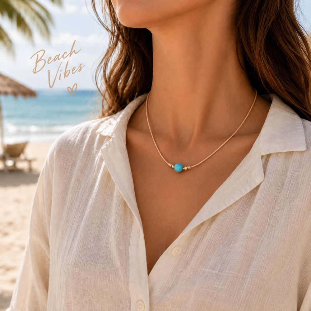 1pc Unisex Bohemian Round Blue Semi-Precious Stone Pendant Necklace with Copper Rope Chain 76cm Party Jewelry