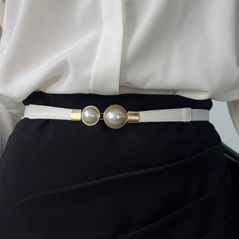 New Elegant Vintage Pearl Waist Chain Belts for Women Korean Style Sweater Jacket Hooks Elastic Slim Fit Leather Belt