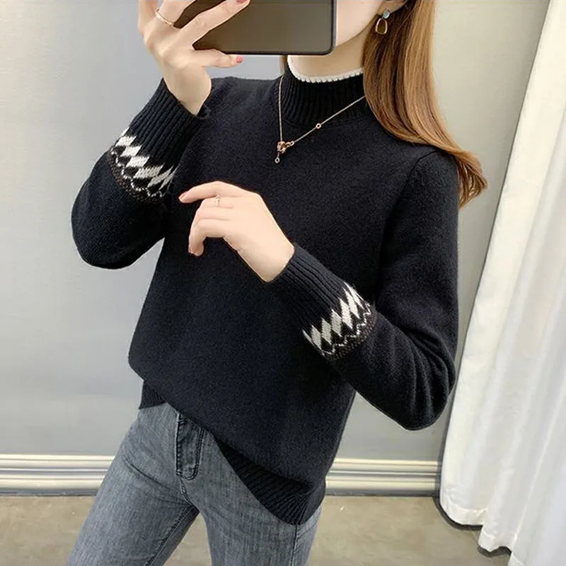 

New Autumn/Winter Fashion Korean Edition Plush Thickened Tie Flower Half High Neck Loose Versatile Western Style Women's Sweater