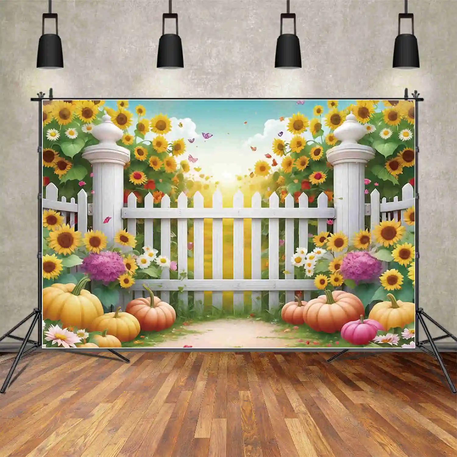 MOON.QG Autumn Sunflower Field Photo Studio Background Thanksgiving Pumpkin White Fence Photograph Backdrop Home Party Back Drop