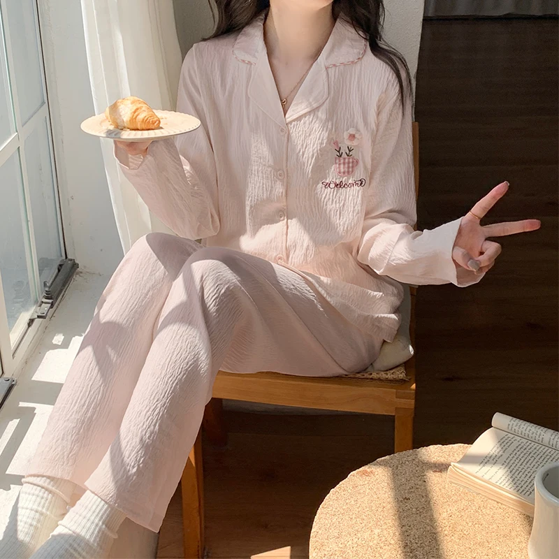 Korean Style New Women\'s Sleepwear Autumn Long-sleeved Trousers Embroidered Flower Design Sweet Loose Fit Home Use Pajama Set
