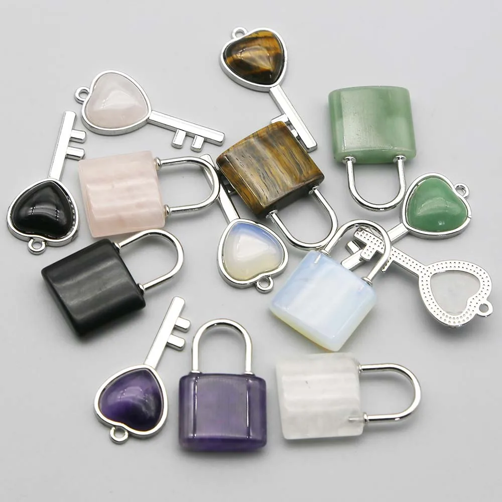 Quality Natural Stone Crystal Heart Silver Key Couple Lock Set Pendants Charms Fashion Jewelry Gift Accessories Wholesale 6Setof