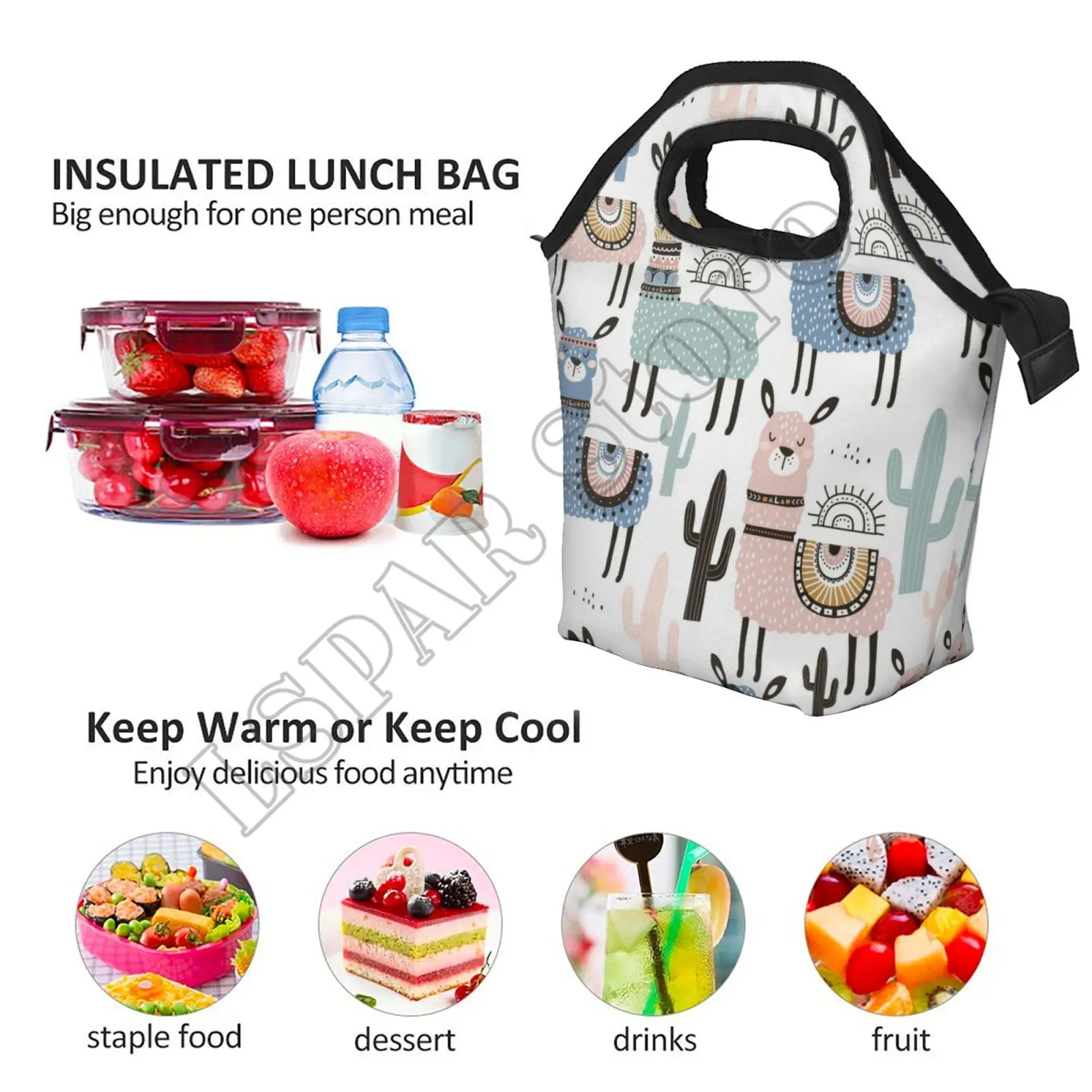 Neoprene Llama Bag Tropical Plant Cactus Alpaca Lunch Waterproof Lunch Tote Bag Cartoon Lunch Box Food Bento Lunch Handbag