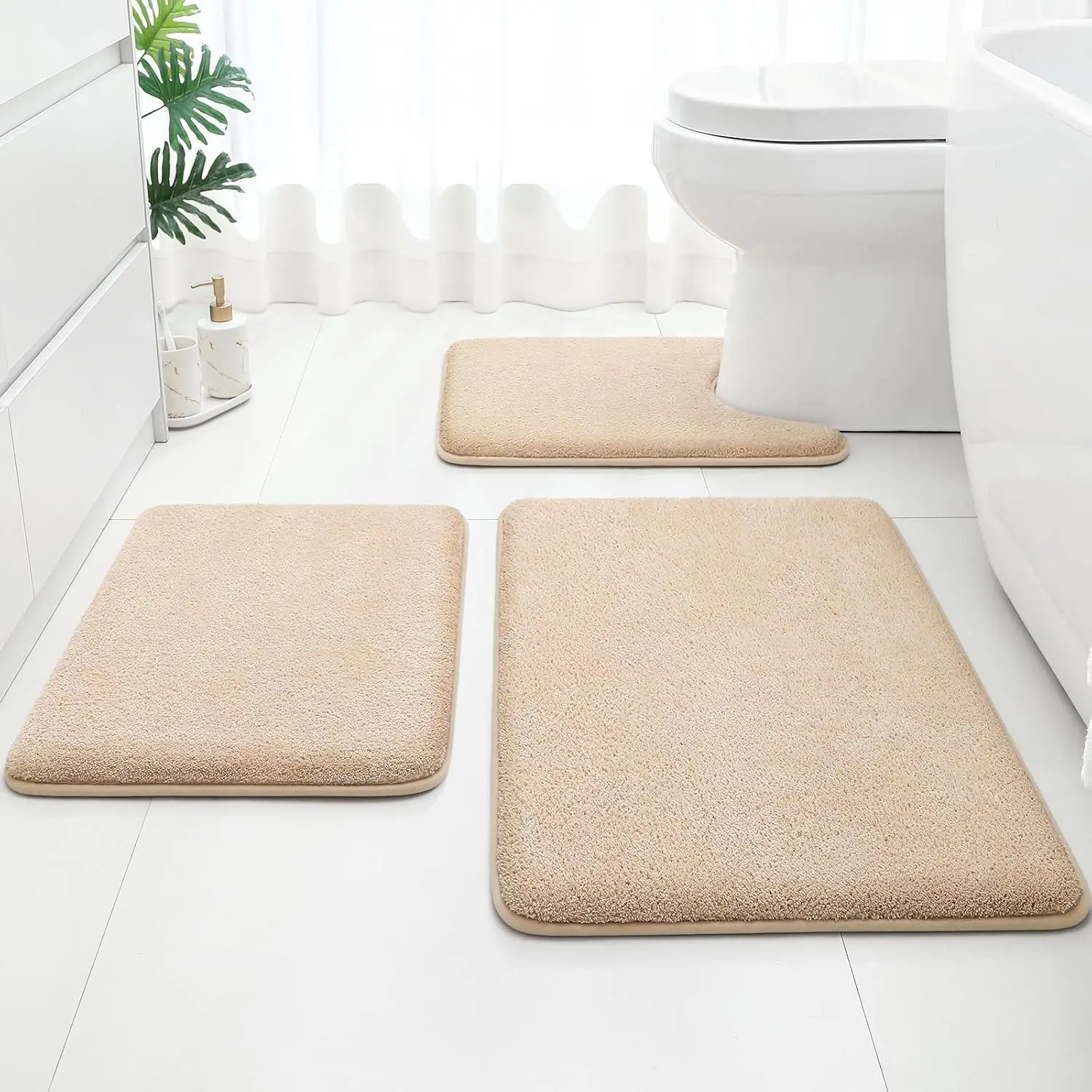 

Upgraded Bathroom Rugs Set 3 Piece, Extra Thick Absorbent Soft Memory Foam, Washable Toilet Bath Mat (Beige,17"x24"+20"