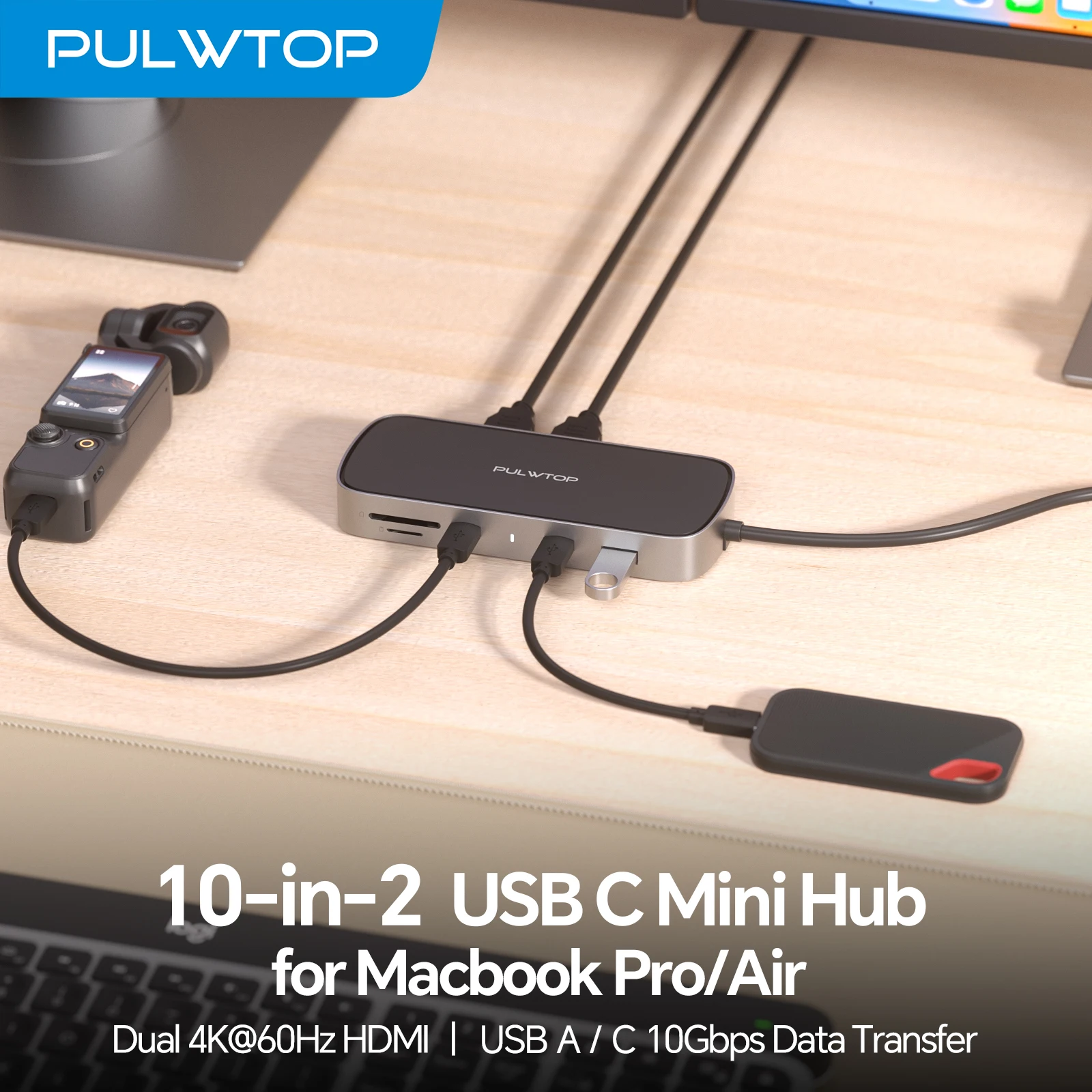 

PULWTOP Mac Docking Station Dual Monitor, Macbook Pro Dock with 2HDMI,PD,Ethernet,USB A/C 10Gbps,SD/TF, USB 2.0