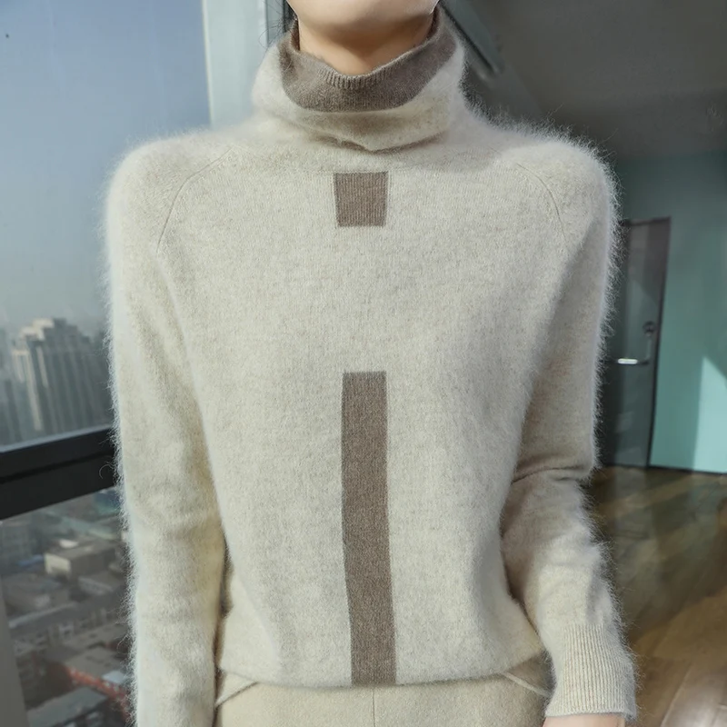 100% Mink Cashmere Sweater Women's High Neck Knitted Pullover Casual Contrasting Color Striped Base Shirt Top Warm Autumn Winter