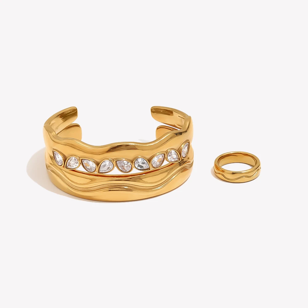 E.B.belle Irregular Wavy Open Cuff Bracelet Ring Set For Women 18K Gold Plated Bangle With Pear Cut CZ Statement Jewelry Gift