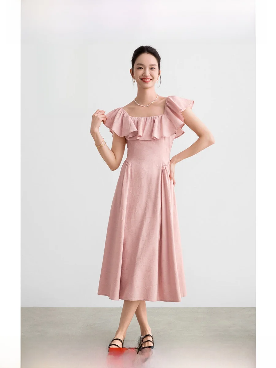 

ROCO Summer Pink ter Ne Ruffle Hem Dr Retro Sle High Waist A-Line Skirt ort Sve Women's Faionable Youthful