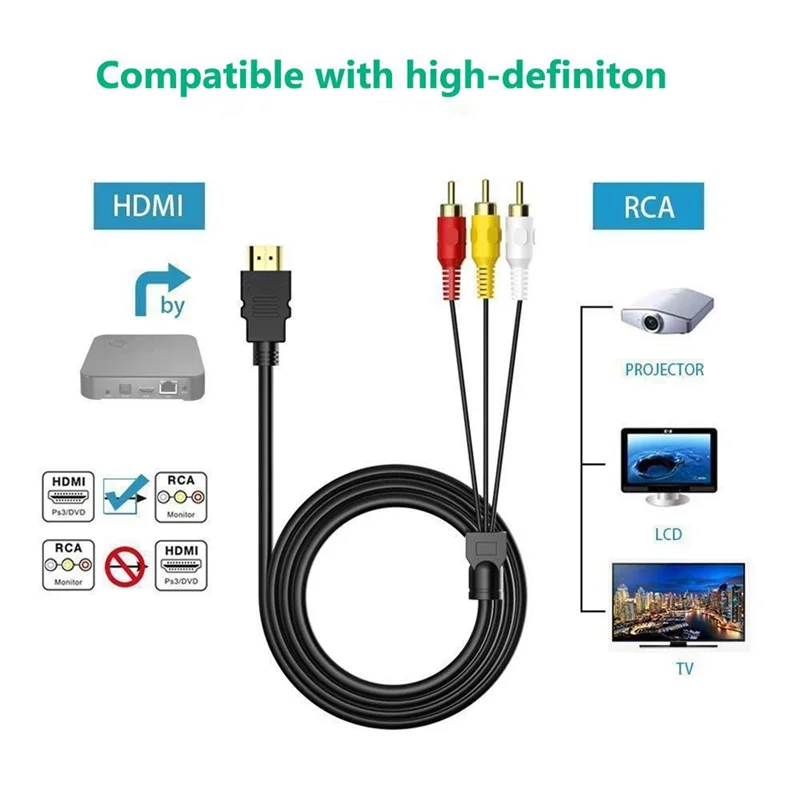 HDMI-Compatível com cabo RCA, macho para 3-RCA cabo de áudio de vídeo AV, adaptador para TV, HDTV, 1080p, 5Ft