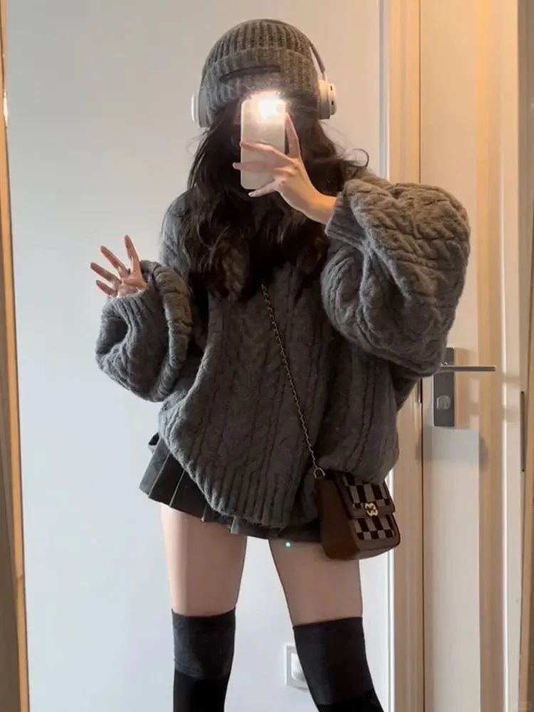 Lagenlook Thickened Knitted Sweater Skirt Set V-neck Twist Yarn Loose Wide-leg Lantern Sleeve Autumn Winter Fashion Set for W...