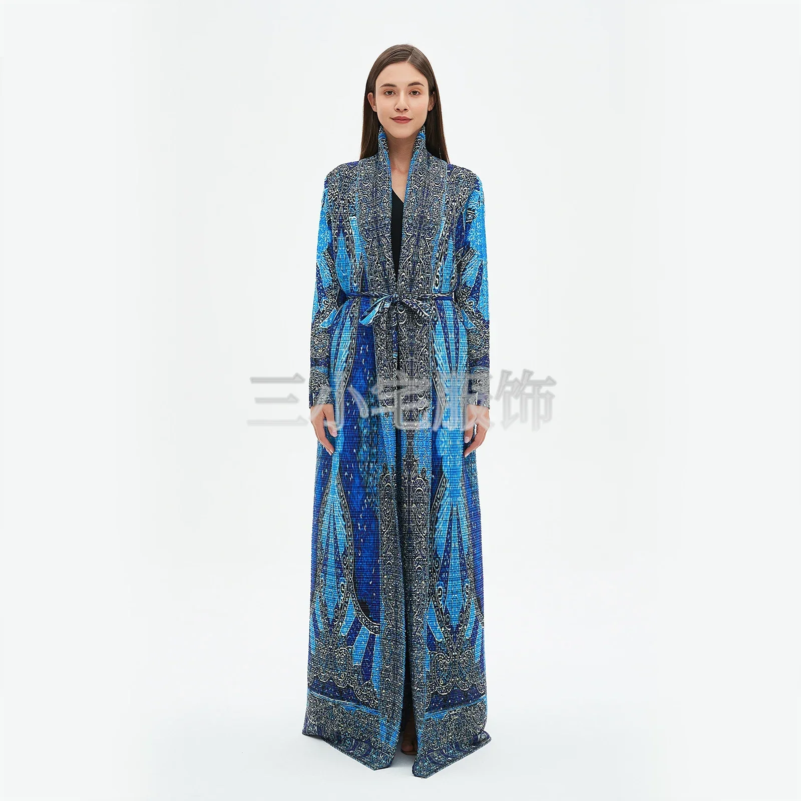 Pleats Pleated Long Sleeve Printed Dress Windbreak Women 2024 Winter New Original Designer Abayas Turndown Collar Belted Coats