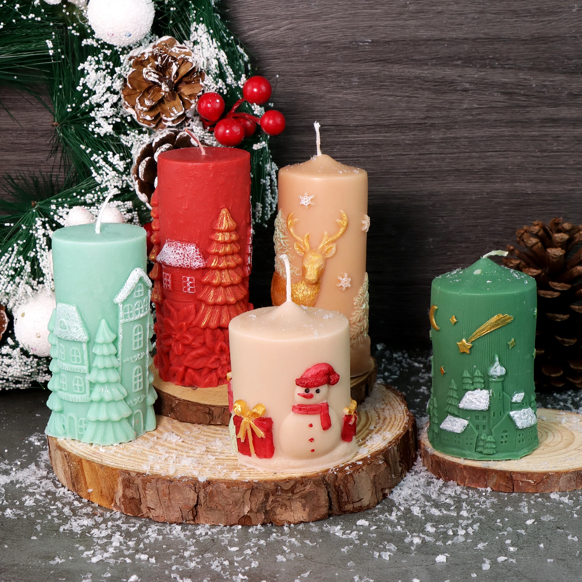 3D Weihnachten Haus Säule Silikon Kerze Form Weihnachten Geschenkbox/Rentier/Baum/Schneemann/Bär/Dorf Form Aroma duftende Seife Form