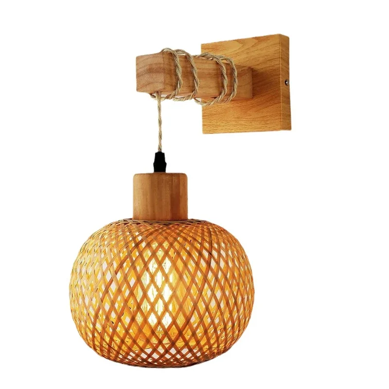 

Retro Bamboo Wall Lampshade Restaurant Rattan Lighting Bedside Bedroom Farmhouse Country Interior Background Wall Lamp No Bulb