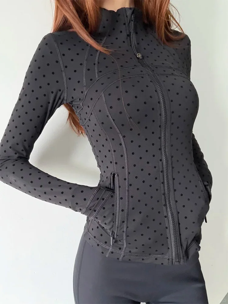 New Sweet Black Polka Dot Stand Collar Jacket Slim Fit Long Sleeve Sports Coat Versatile Fitness Yoga Top