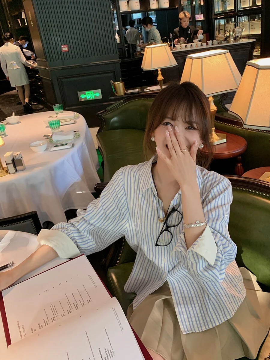 

MUKOK Light Blue Long Sve irt Women's Early Spring Waist-Cinching Slimming irt Korean Sle Commute Pure Color Button ...