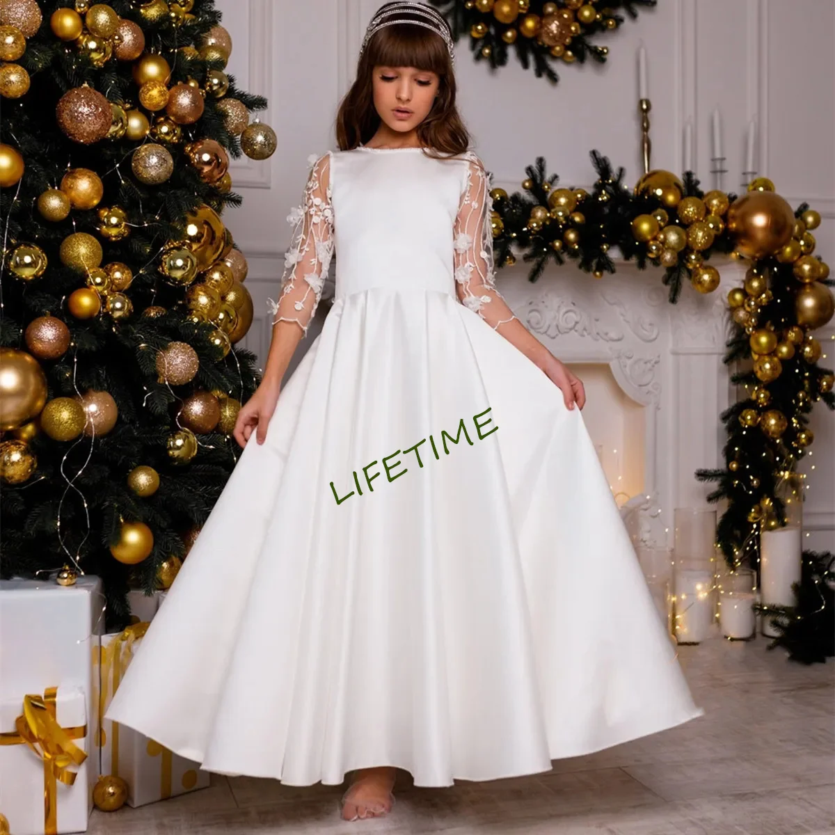 CustomizedA+Elegant Flower Girl Dresses Satin A Line Floor Length Bow Three Quarter Illusion Sleeves Pageant Gown Birthday Dress