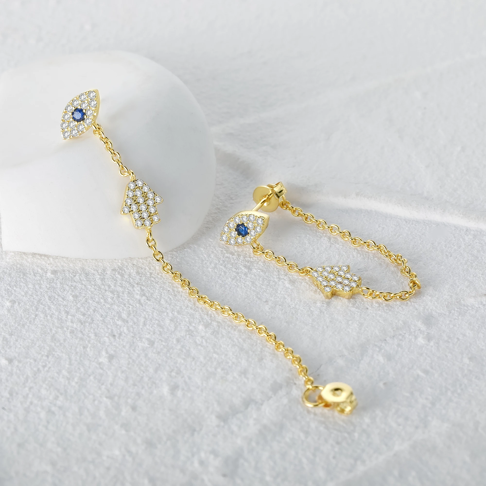 GS 18K Gold Plated Evil Eye Hamsa Hand Palm Charm Dangle Earrings For Women Zircon Pave Long Chain Tassel Earrings
