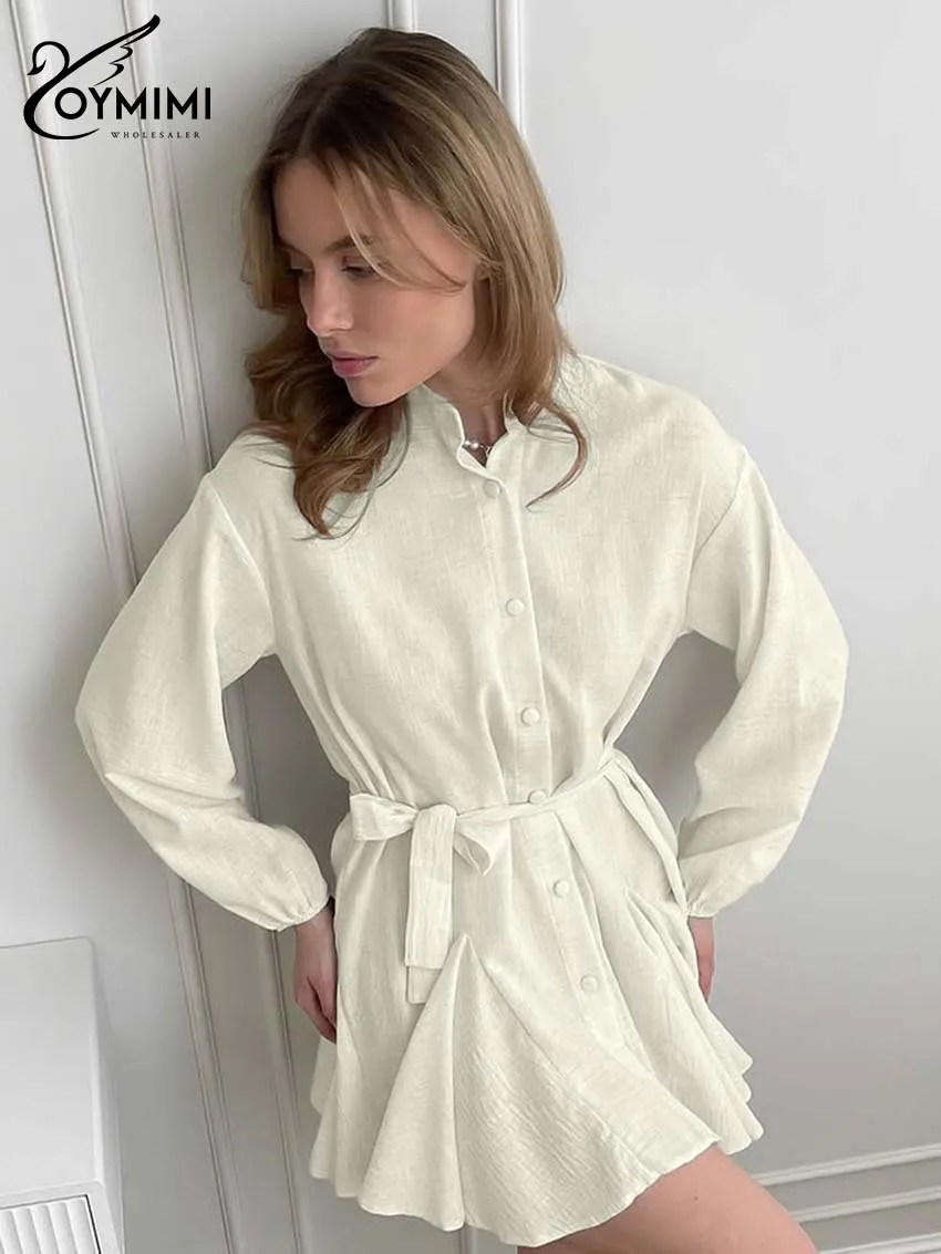 

Oymimi Casual Apricot O-Neck Womens Dresses Elegant Wrist Sleeve Single Breasted Dress Autumn Lace-Up Pleated Mini Dress Female