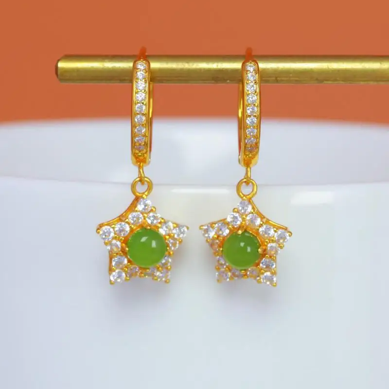 Genuine China Nephrite Stone Green Hetian Jade 925 Silver Zircon Star Earrings Women Certified Jewelry Girlfriend Elegant Gifts