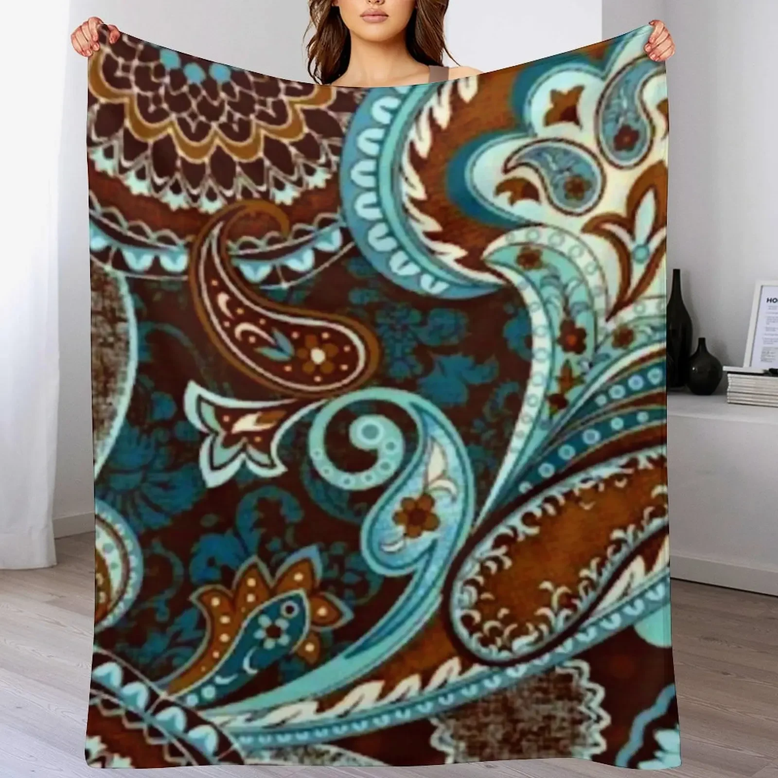 

Turquoise Brown Vintage Paisley Throw Blanket Cozy Warm Blanket for Bed Room Decor