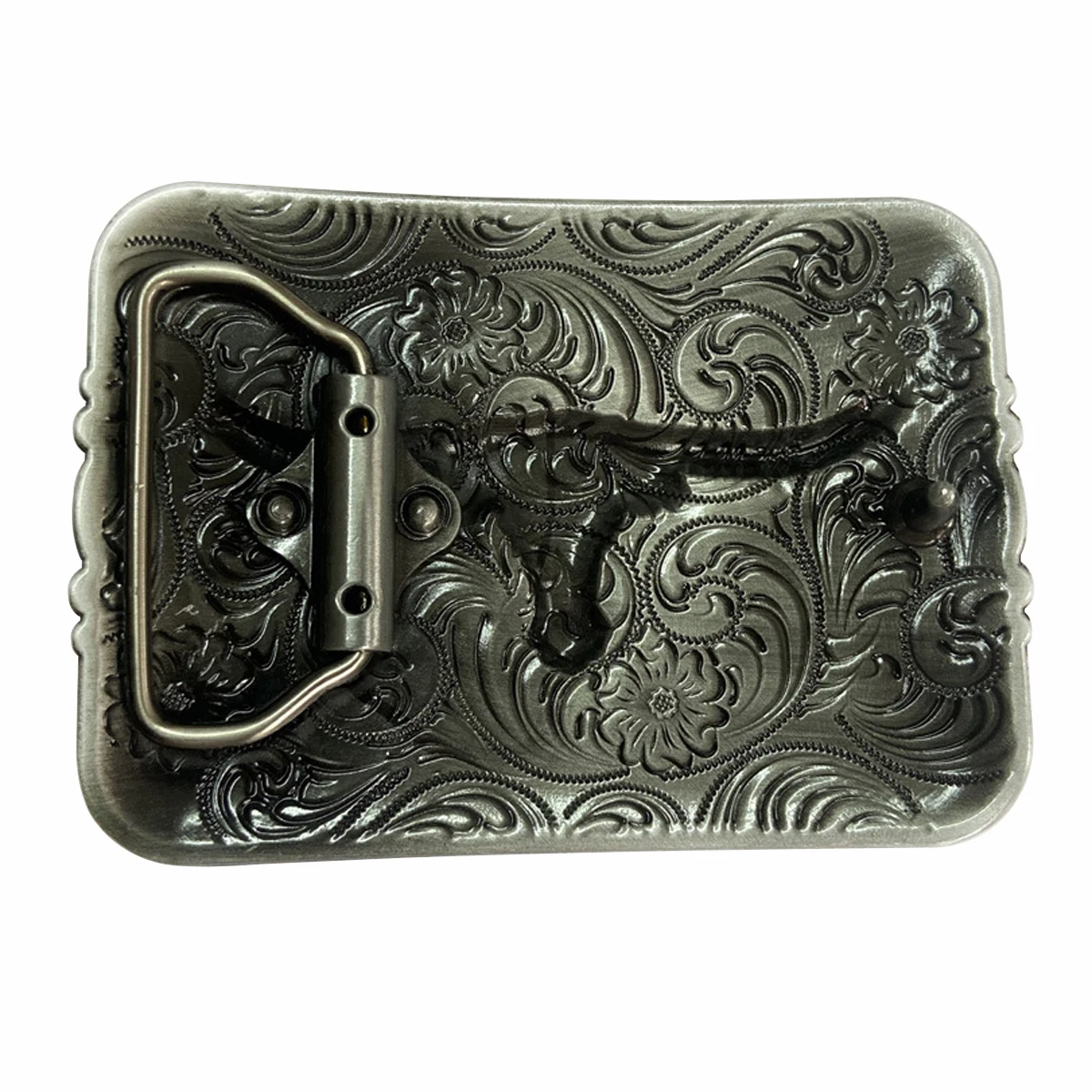 Rectangle Longhorn Bull Head Belt Buckle Western Cowboy Floral Engraved Metal Belt Buckle Vintage Relief Men Belt Accessories