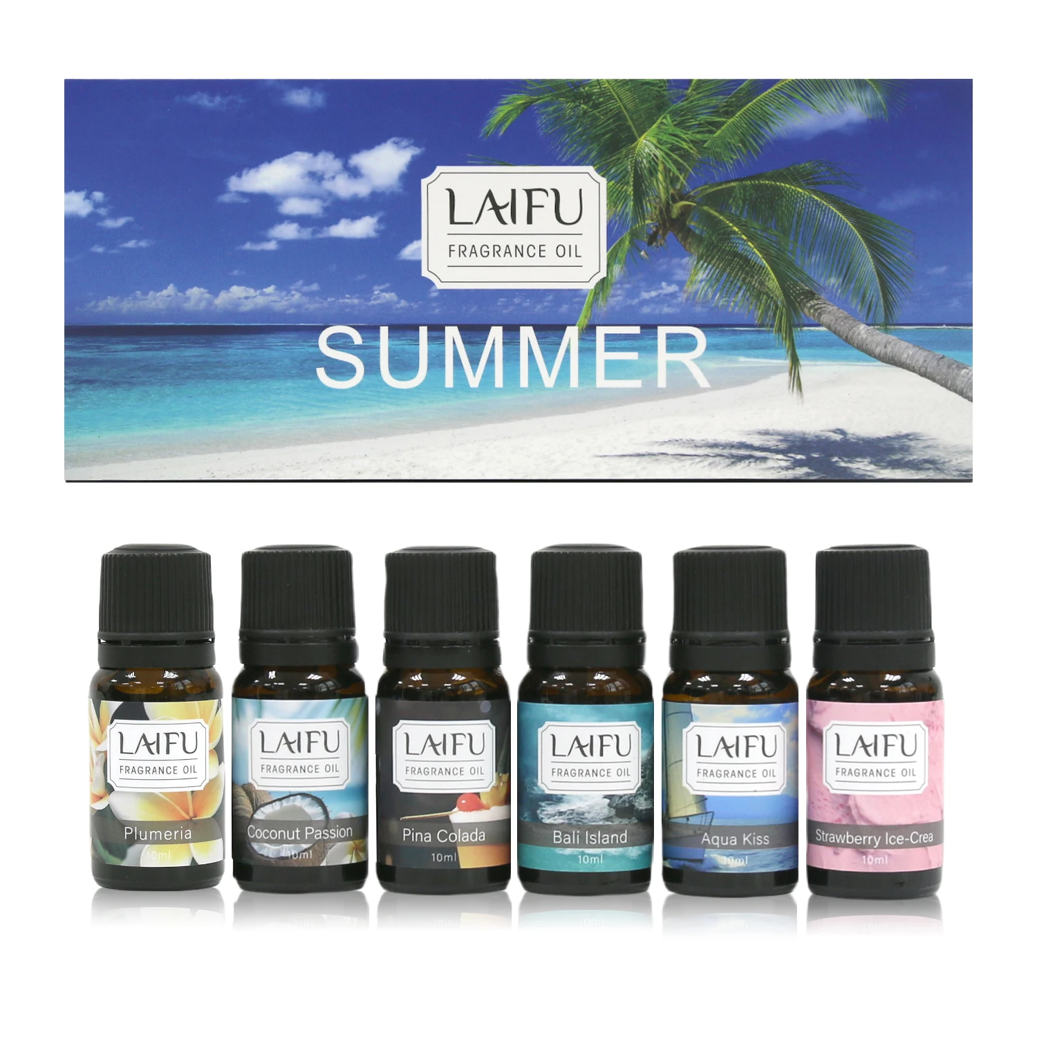 

6x10ml Summer Essential Oils Set for Diffuser, Aromatherapy & Candle Making Tropical Scents Plumeria, Coconut, Pina Colada, Bal