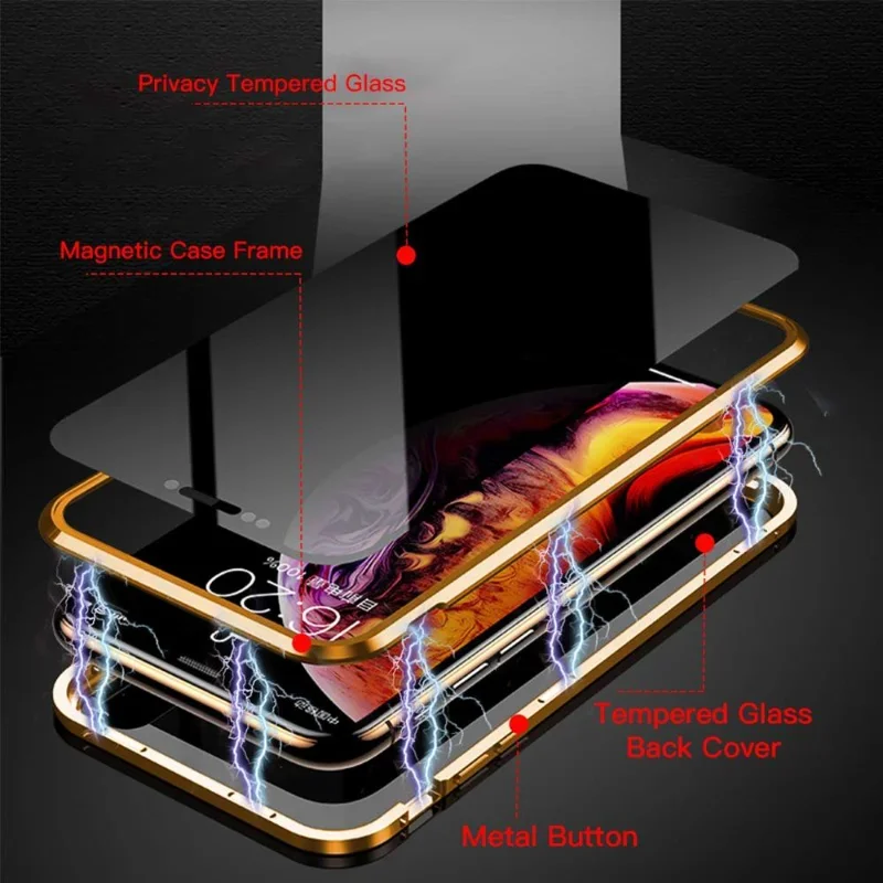 Anti-peeping Magnetic Double Side Tempered Glass Privacy Metal Case For iPhone 15 14 13 12 11 Pro Max Mini XS XR 8 7 Plus Cover