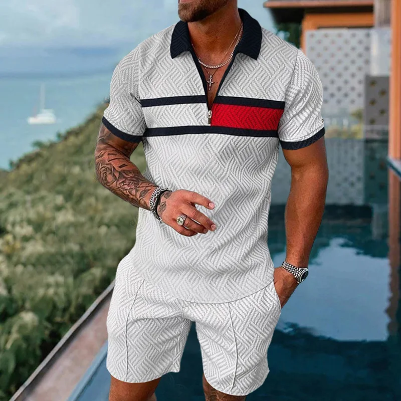 2023 estate uomo nuovo Casual cerniera Polo vestito Streetwear moda tendenza stampa 3D manica corta t-shirt pantaloncini due pezzi Set