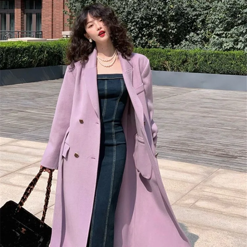 Women Temperament Woolen Coat Female French Style Retro Loose Long Below The Knee Outwear High Sense Solid Color Casual Outcoat