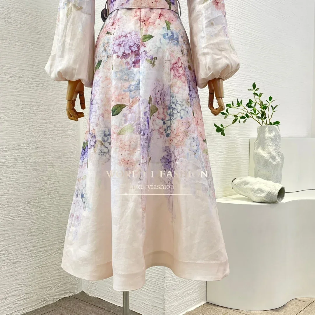 2025 New Spring High Quality Linen Multi Color Floral Print Long Sleeve Stand Collar Midi Dress for Women