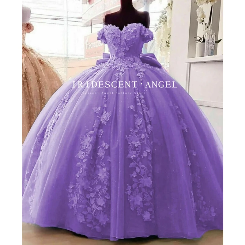 IRIDESCENT-Robe de Rhviolet clair pour filles, robes de Quinceanera, chérie désactivée, fleurs 3D, anniversaire, 15 ans