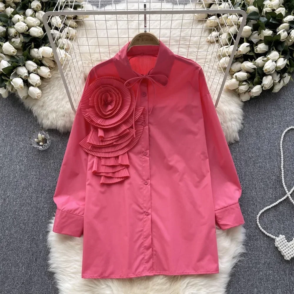 French Chic Women Blouse Fashion 3D Floral Long Puff Sleeve Turn-down Collar Lace Up Autumn Age-reducing Female Tops Dropship