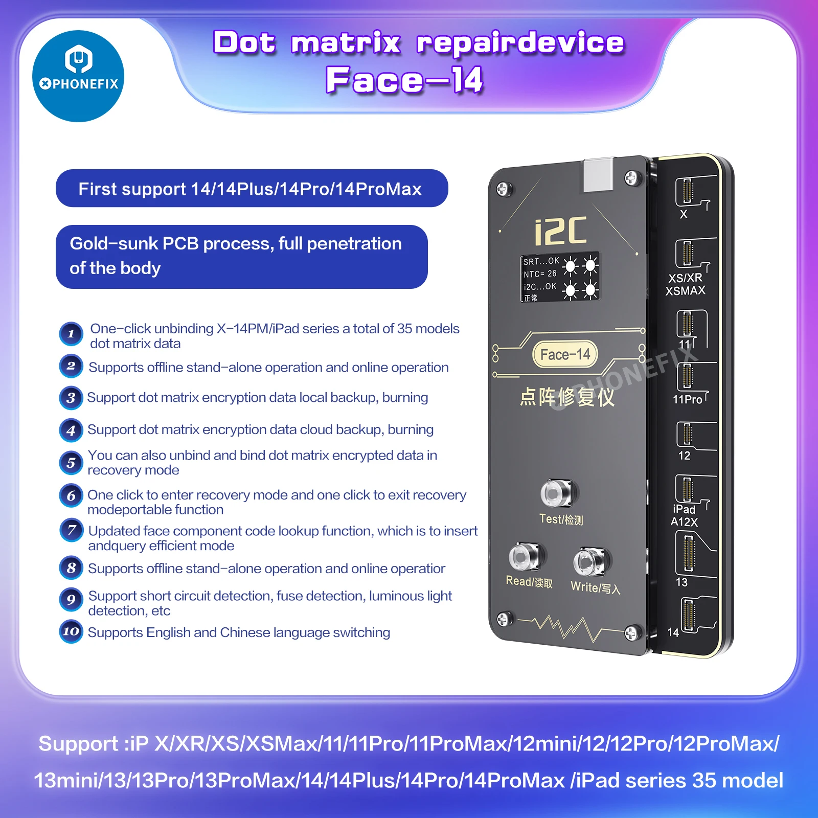 i2C Face-14 Dot Matrix Programmer for iPhone X XR XS MAX 11 12Pro 13 Pro Max 14 Fix Face ID Not Working higher and lower problem