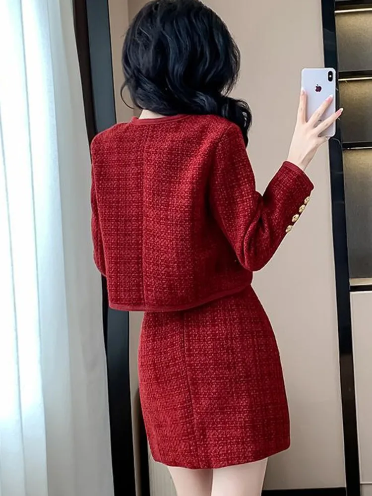 High Quality Small Fragrance Tweed 2 Piece Sets Women Outfits Christmas Jacket Coat + Skirt Sets Fashion Vintage Two Piece Suits