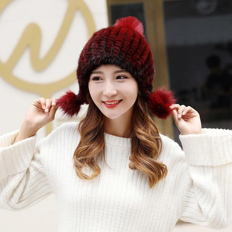 Versatile and fashionable water-fleece hats for women warm fur knitted women's wool ear woolen