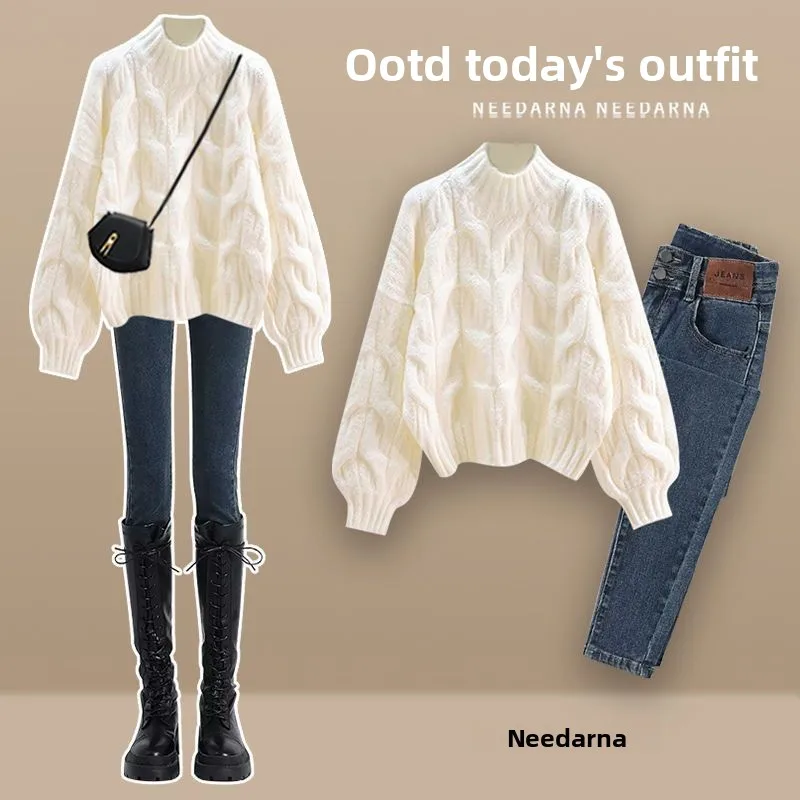 

Осень-зима женский студенческий утягивающий витой вязаный свитер и джинсы-карандаш комплект из двух предметов моющийся повседневный наряд