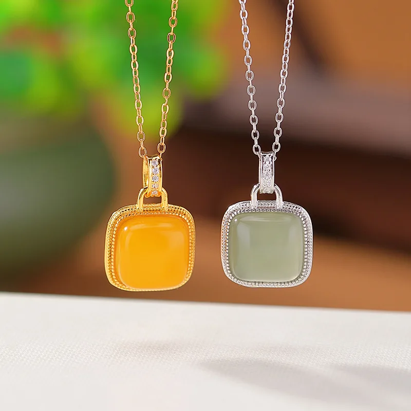 Hetian Qing Shui Jade S925 Sterling Silver Amber Square Tooth Pattern Geometric Pendant