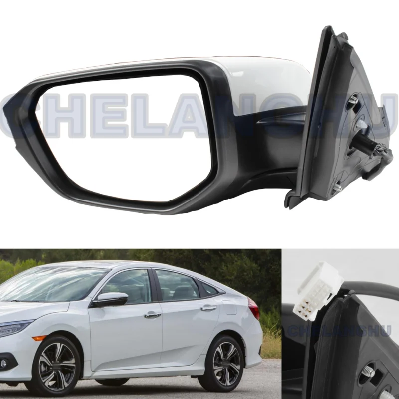 

Зеркало в сборе для Honda Civic 2016, 2017, 2018, 2019, 2020, 2021, американская версия, левая сторона, 5 контактов, белая окрашенная, с подогревом, регулировка мощности