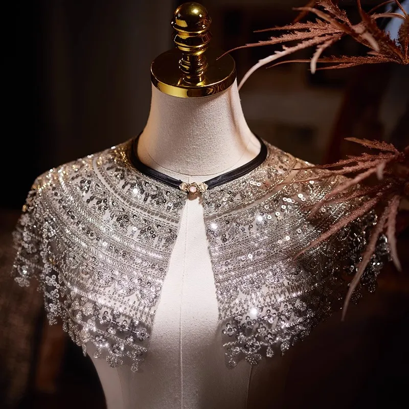 

Женская блестящая серебряная пашмина с блестками, женская весна-лето, винтажная шаль с воротником-плащом R2546