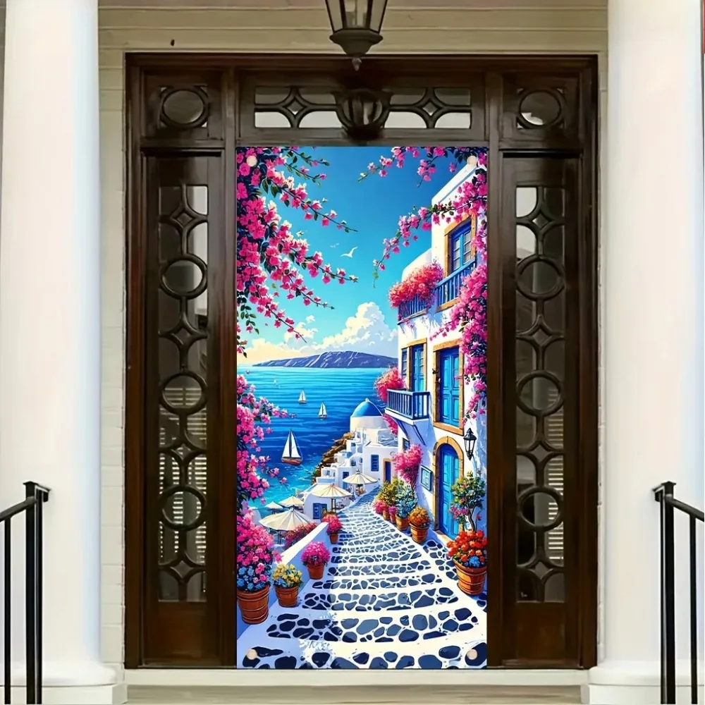 Blue Sea and Greek Pink Flower Pattern Banner Background, Children's Birthday Party, Home Decoration Photography Backdrop Cloth