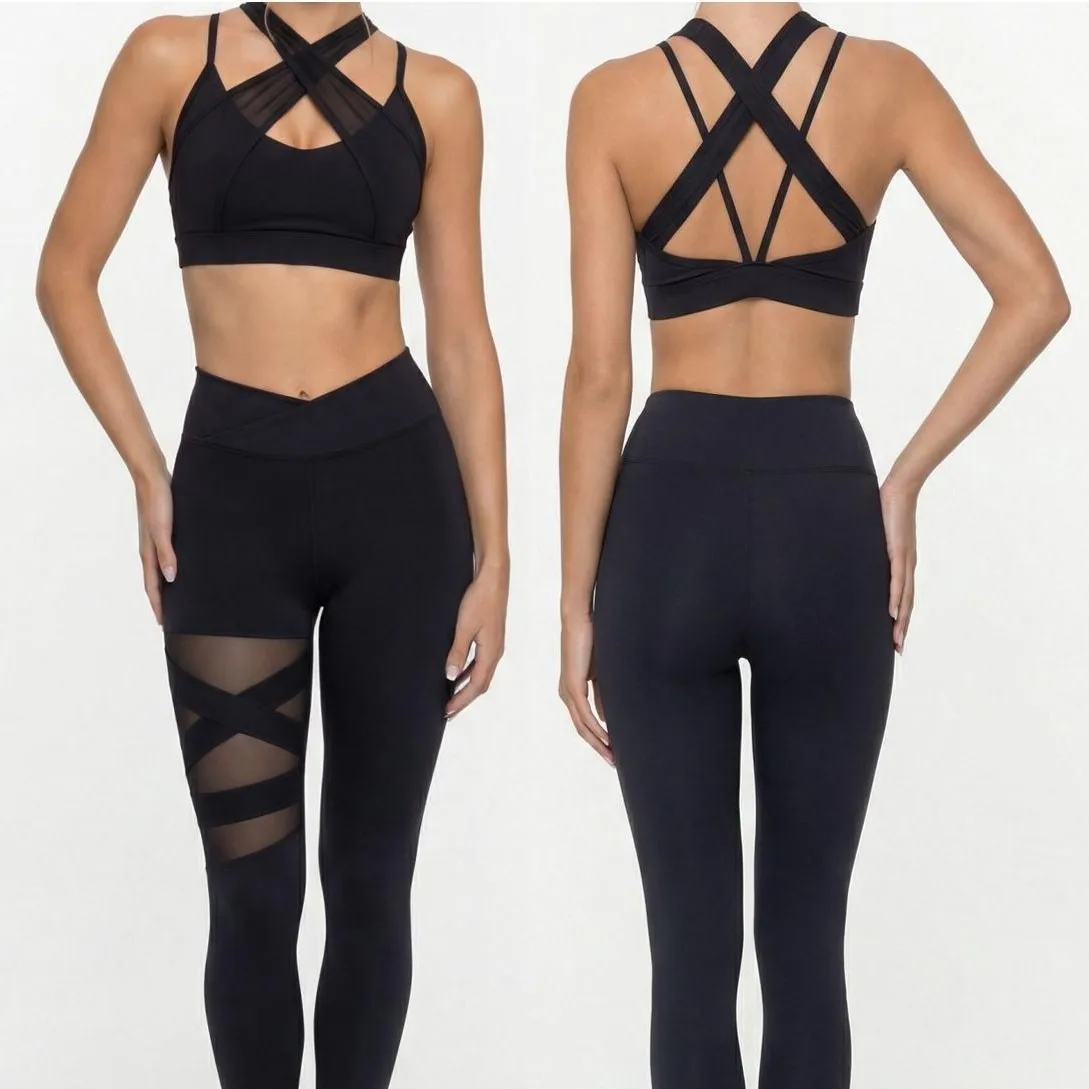 Women 2Pcs Mesh Cutout Yoga Set Crisscross Front & Back Sports Bra See Through Mesh Leggings  Workout Active Outfit Gym Pilates