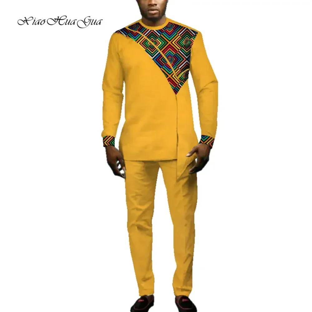 Mens African Outfits Set African Print Autumn Round Neck Long Sleeve Dashiki T-shirt+Trousers Casual Two Piece Suit Men WYN693