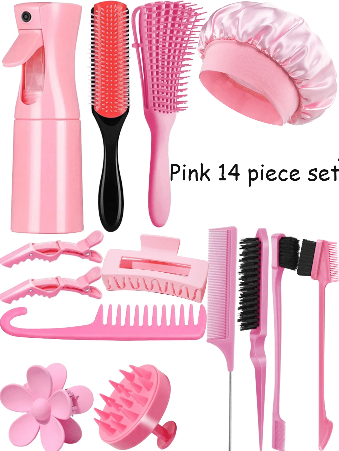 

17 Piece Hair Tool Set, With High Pressure Spray Bottle And Sleeping Cap, Curling Brush Set, Nine Rows Of Combs, Wide Teeth Hook Comb, Double Head Comb, Styling Brush, Pointed Tail Comb, Mouse Tail Comb, Edge Brush, Hair Brush, Massage Comb